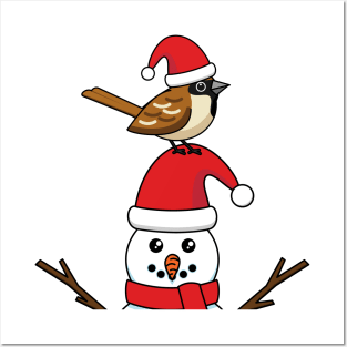 Cute Sparrow on Snowman Posters and Art